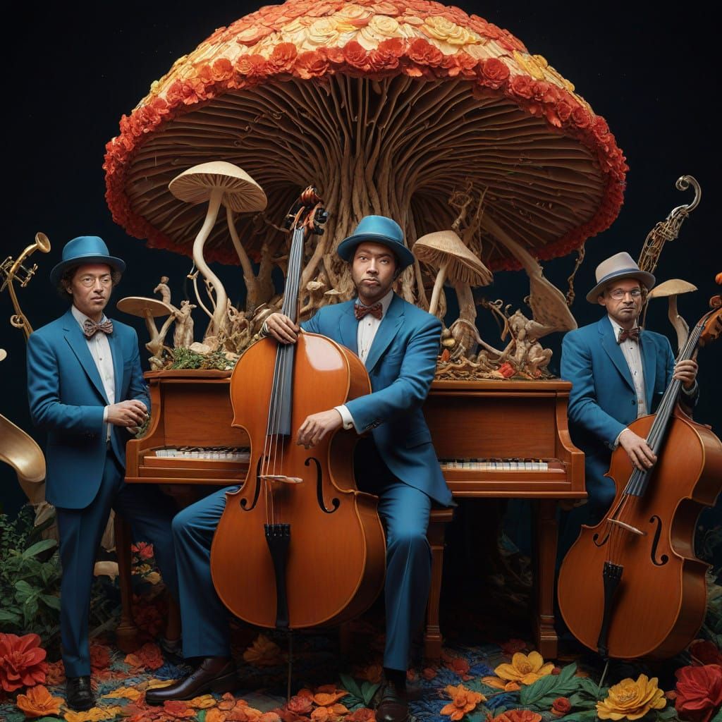 Surreal Jazz Ensemble in Whimsical Fantasy Landscapes