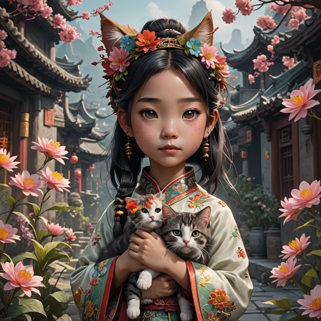 Chinese Girl with Cat: Detailed Fantasy Painting