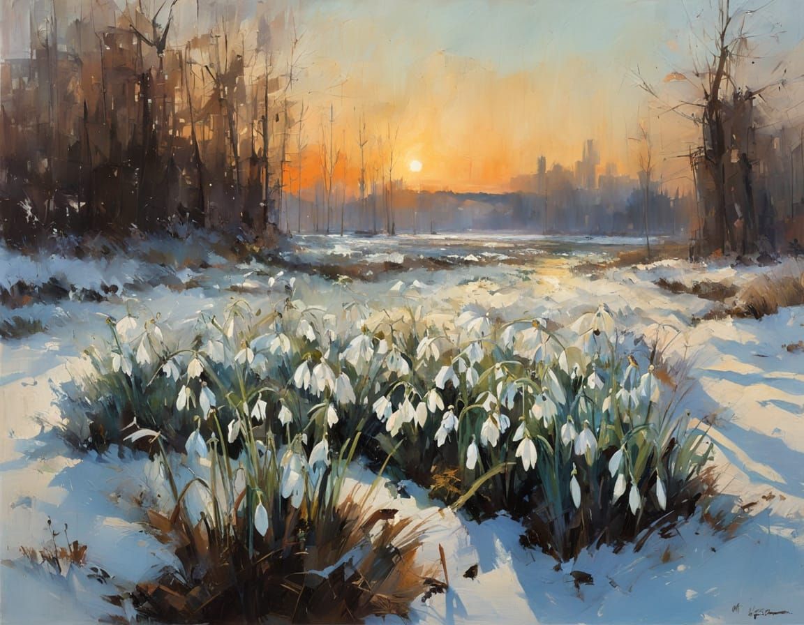 Snowdrops Emerge in Soft Evening Light