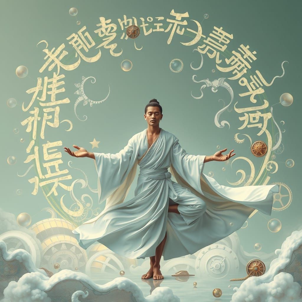 Yogi in Dreamscape with Steampunk and Ethereal Script