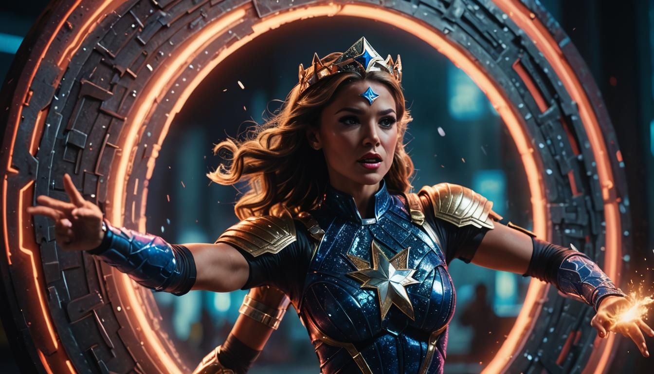 Miss America Punches Through a Portal: Cinematic Still