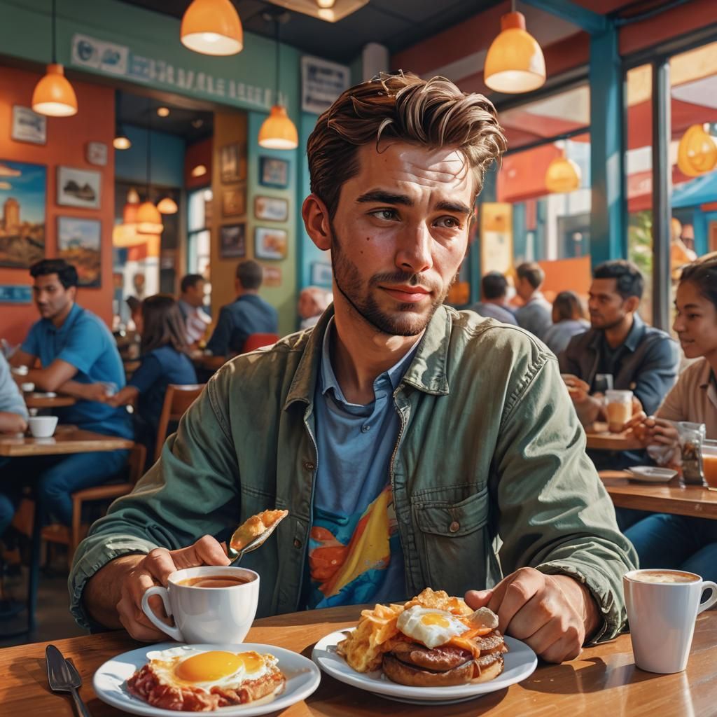 Hyperrealistic Cafe Scene with Breakfast Meal