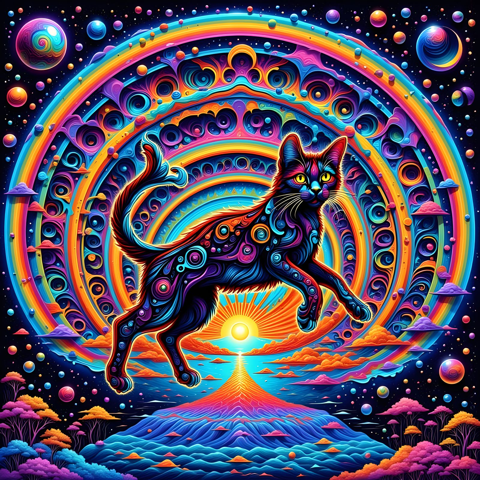 Psychedelic Cat Silhouette in Cosmic Void