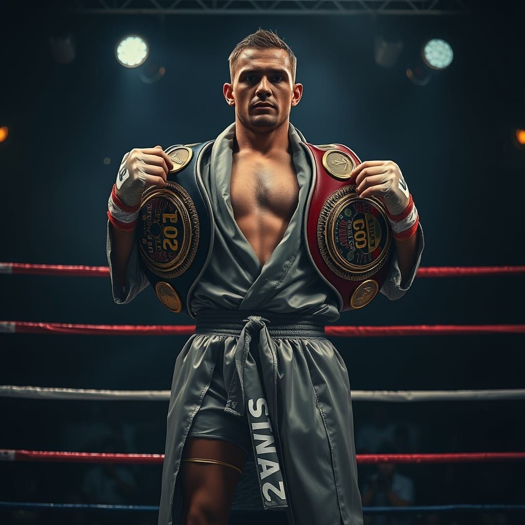 Boxing Champion Celebrates Victory in Dramatic Lighting