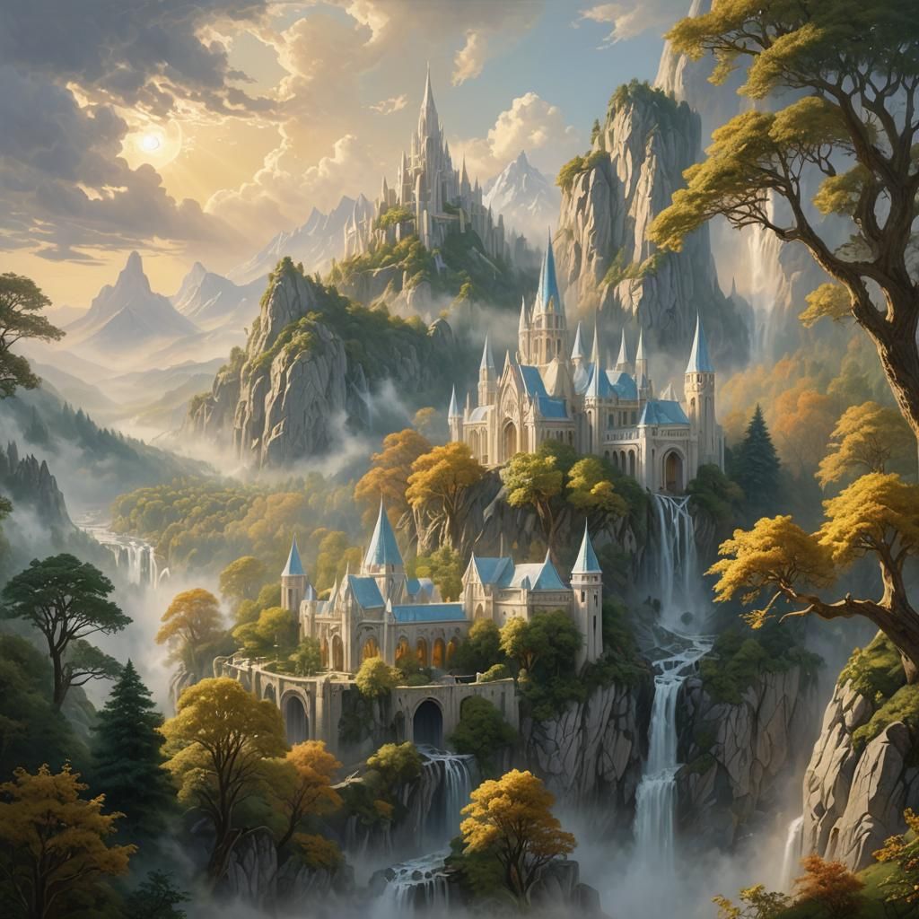 Rivendell: Elven City in Golden Light, Oil on Canvas