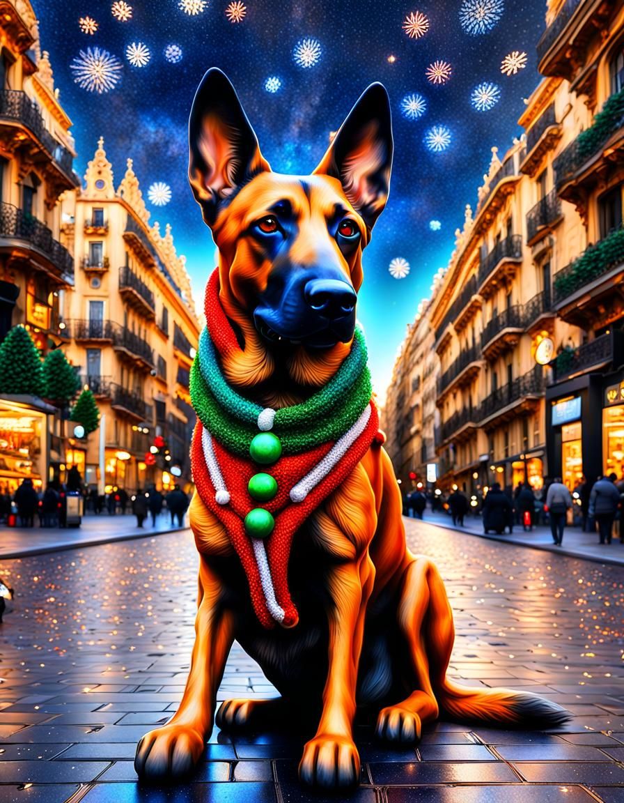 Festive Christmas Malinois Dog in Gaudi Style