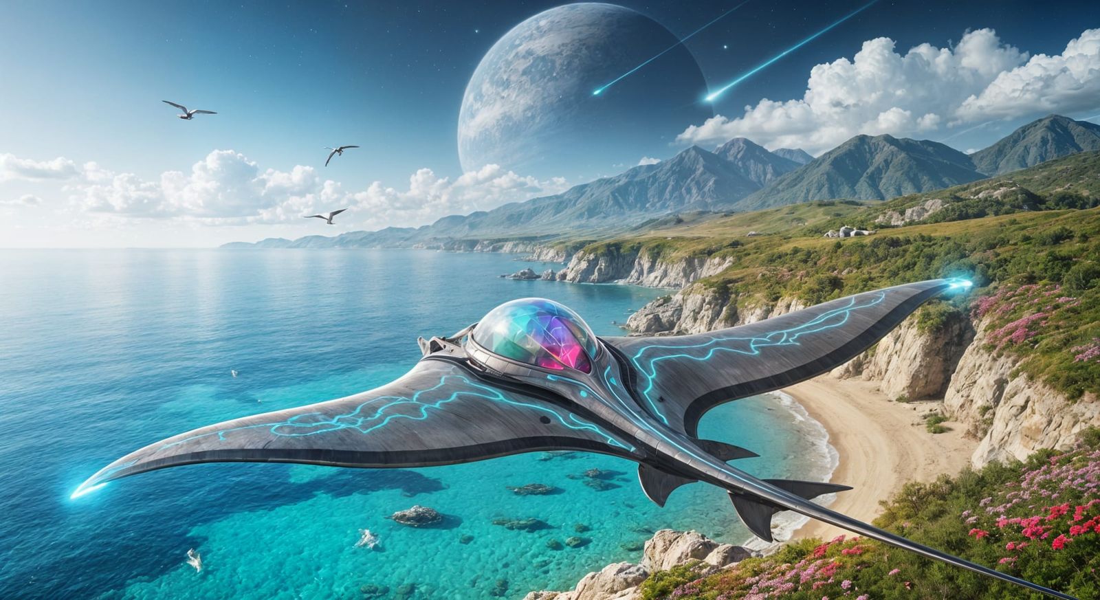 Devil Ray Spaceship Over Radiant Coastal Landscape