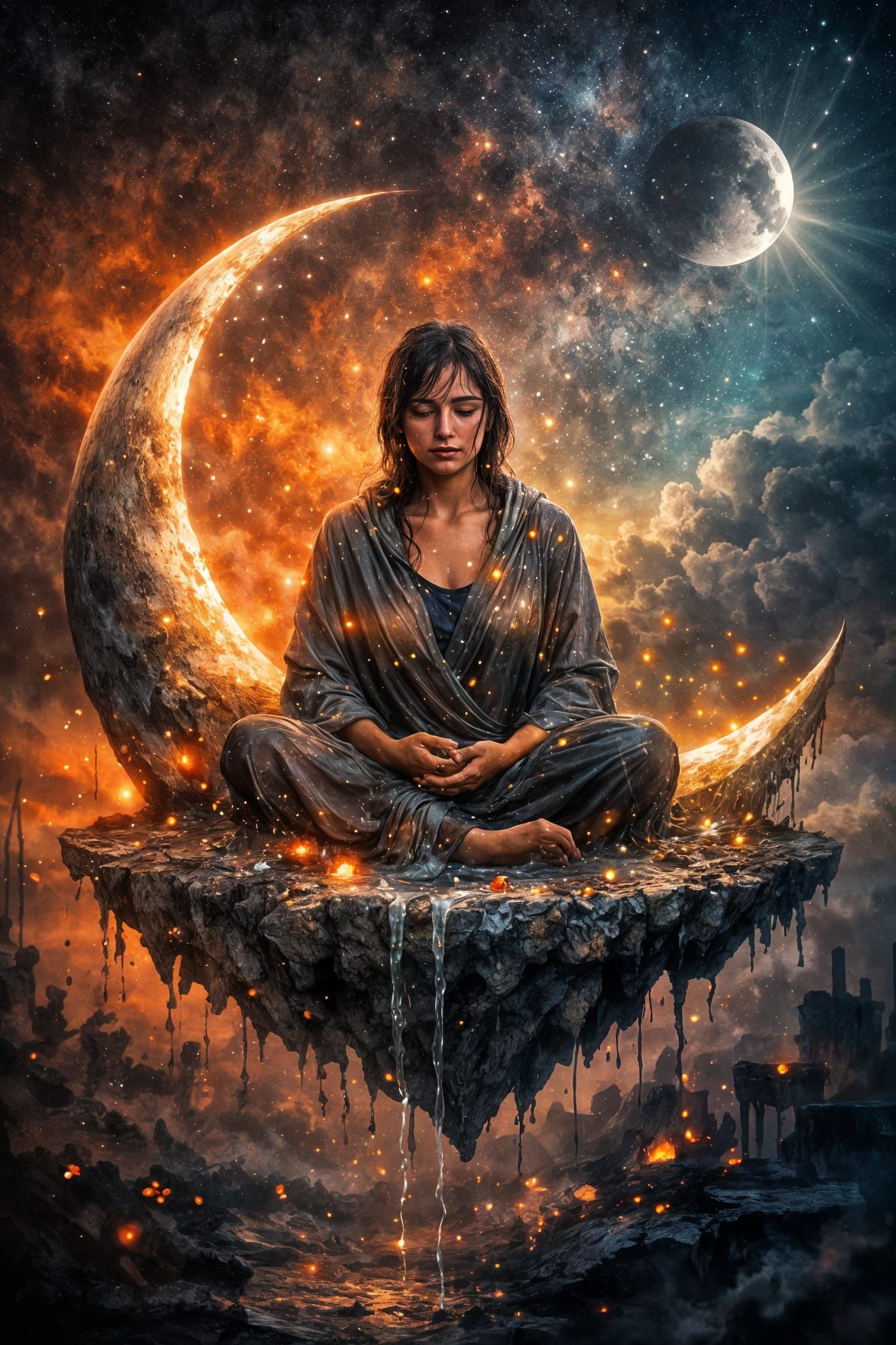 Serene Woman Meditating on Moon Island