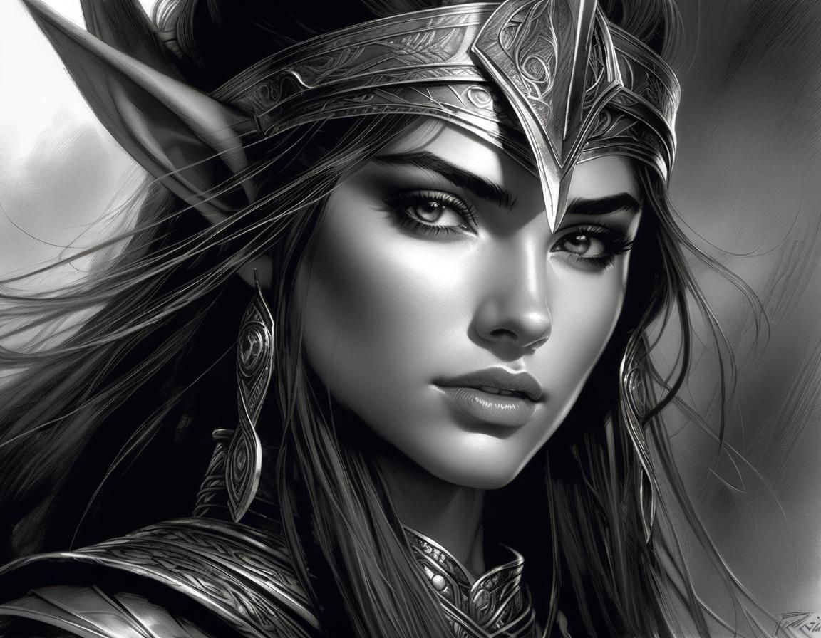 Detailed Grayscale Portrait of Elven Warrior by Royo