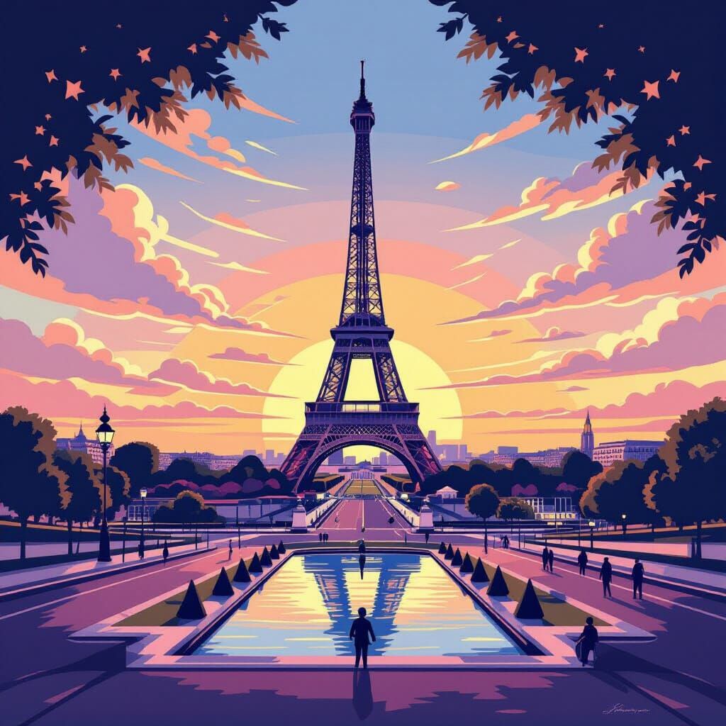 Romantic Paris Illustration with Eiffel Tower at Sunset