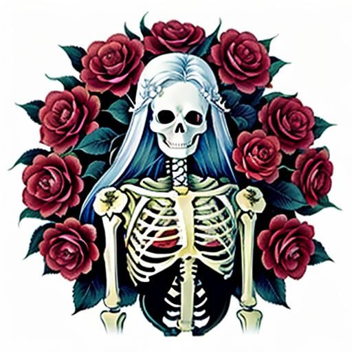 Manhwa Skeleton with Camellias in Gouache Style