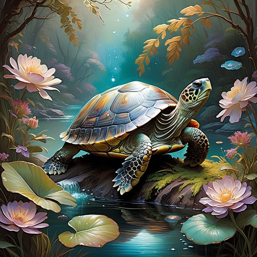 Ethereal Turtle in Moonlit Garden