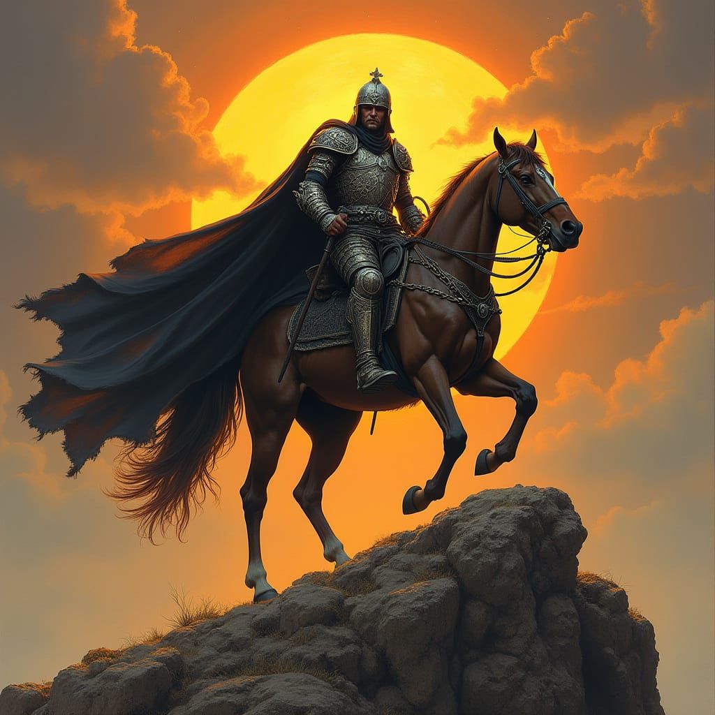Warrior on Horseback With Blazing Sun Backdrop