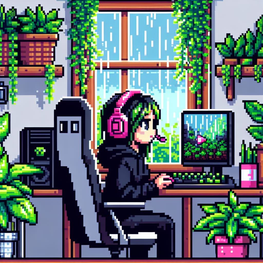 8-Bit Gamer Girl Gazing at Rain