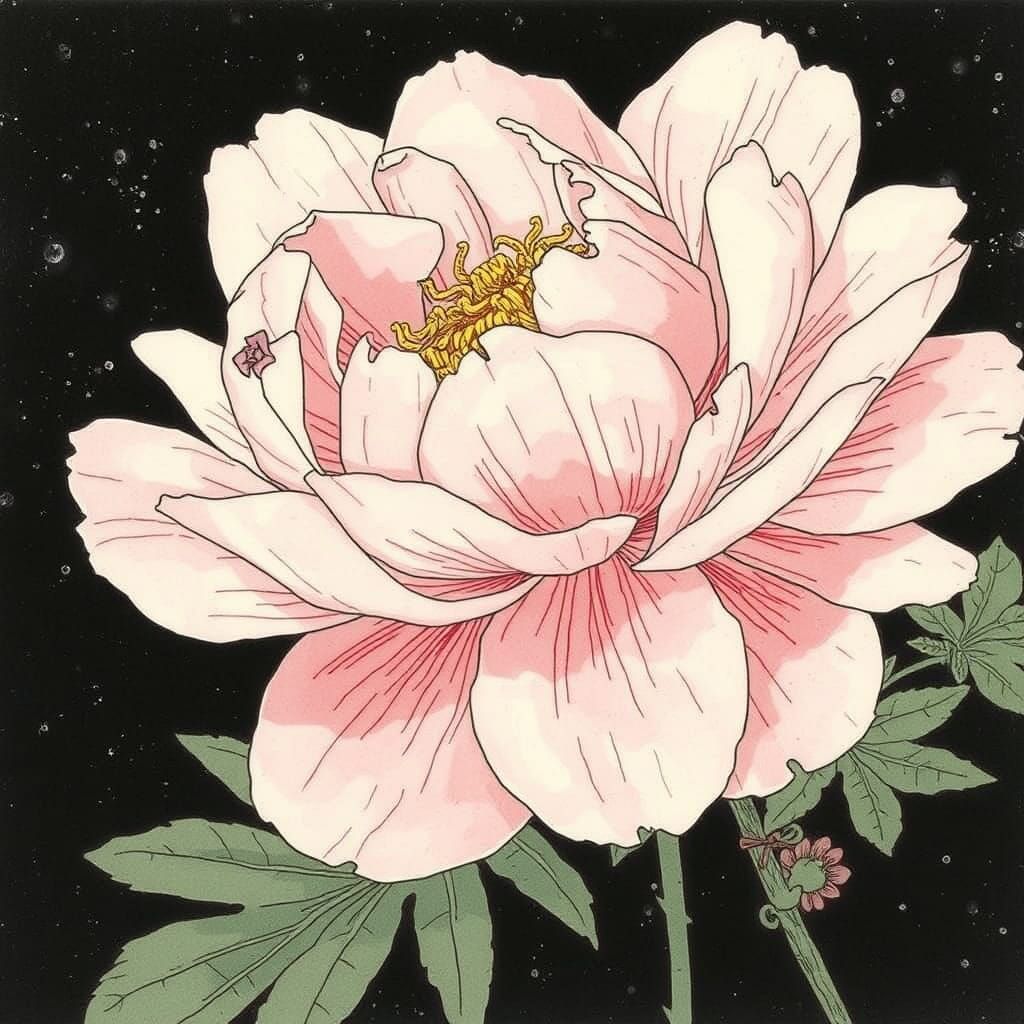 Delicate Peony Blossom in Illustrative Style