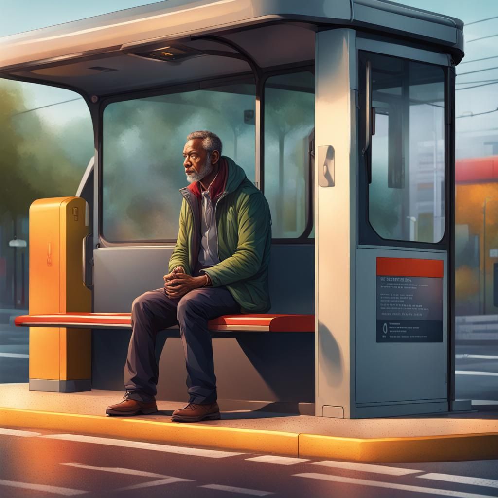 Hyperrealistic Man Waiting at Bus Stop