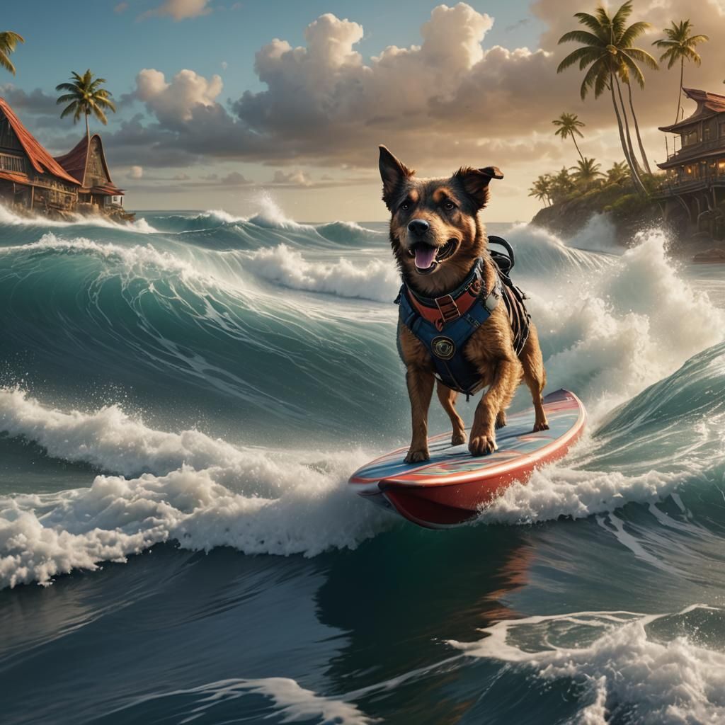 Dog Rides Surfboat: Detailed Matte Painting