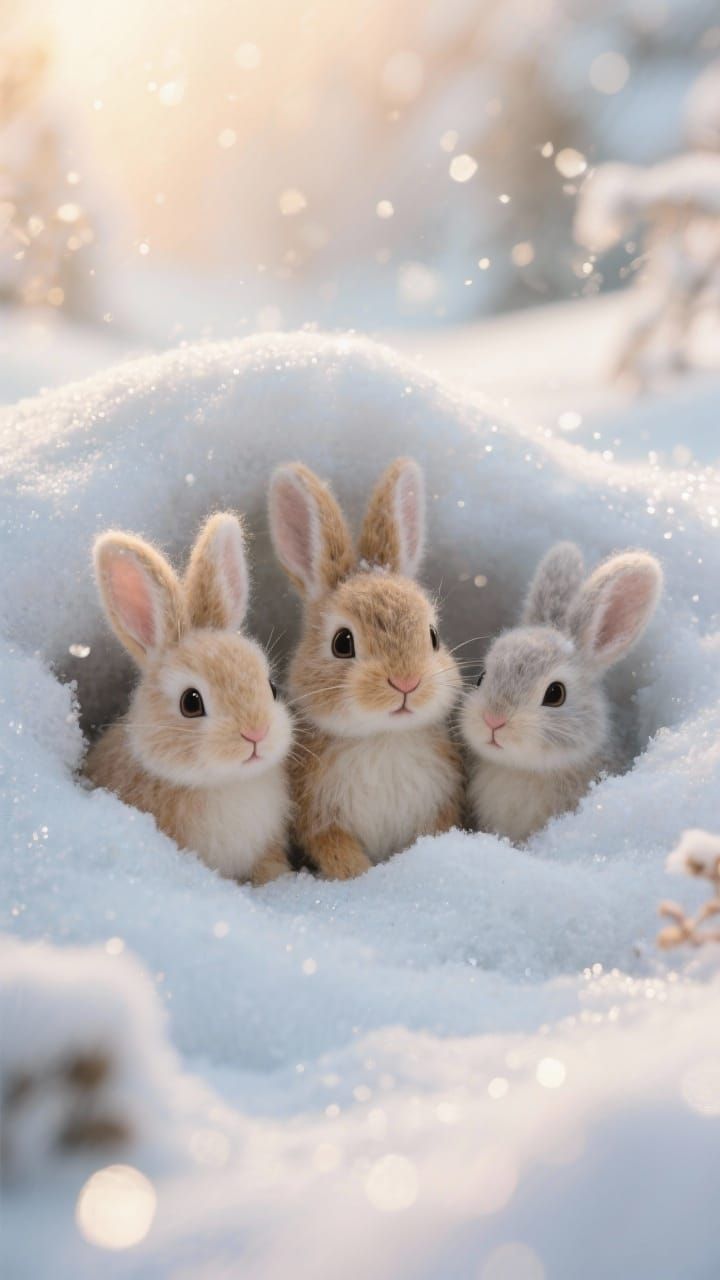 Cute Fluffy Rabbits Nestled in Snowbank