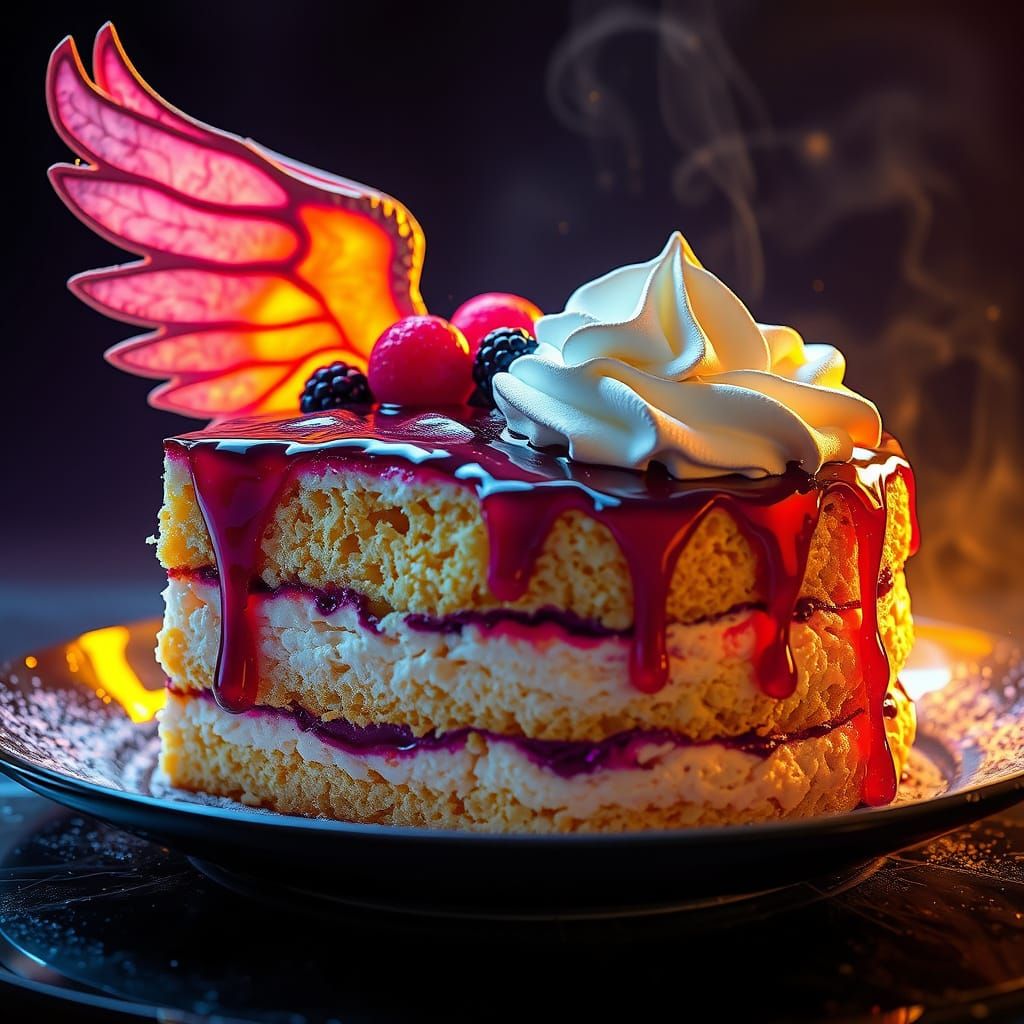 Angel Food Cake with Fruit Sauce in Alcohol Ink Style