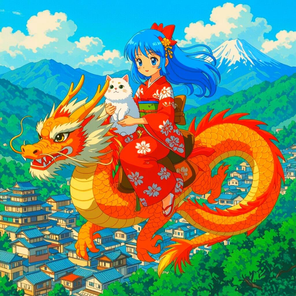 Anime Girl Rides Dragon Over Japanese Town with Cat