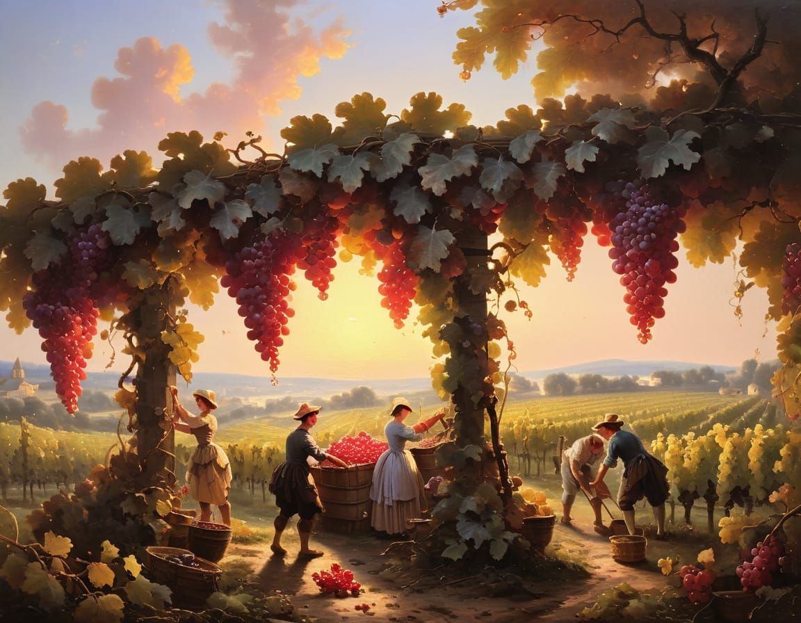Rococo Masterpiece: Lush Vineyard Scene in Dreamy Light
