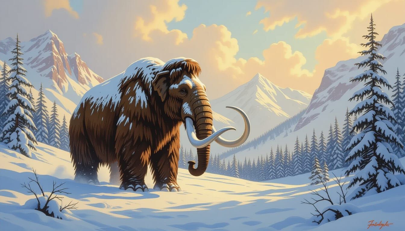 Woolly Mammoth in Snowy Valley, Pastel Painting