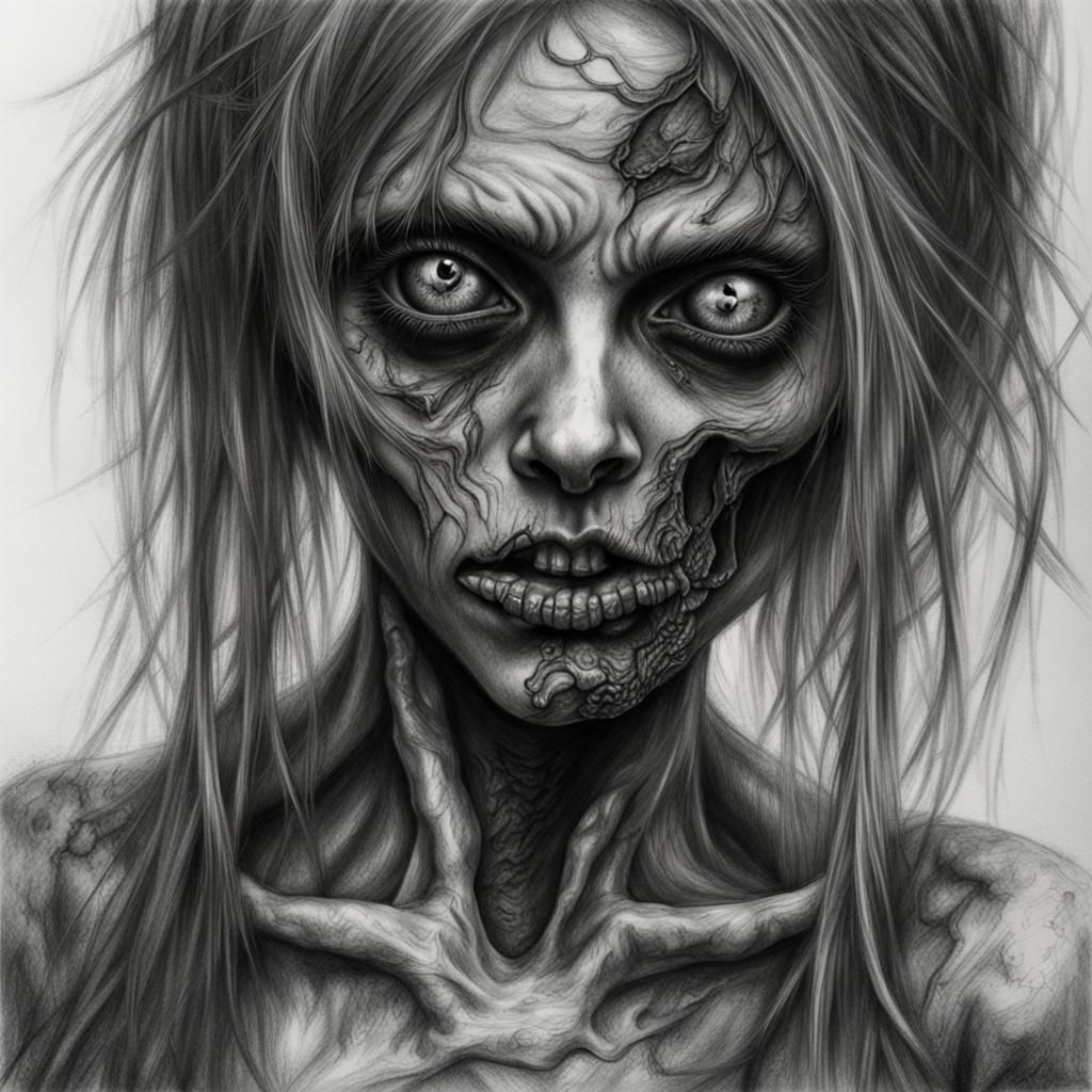 Detailed Charcoal Drawing of a Zombie Girl