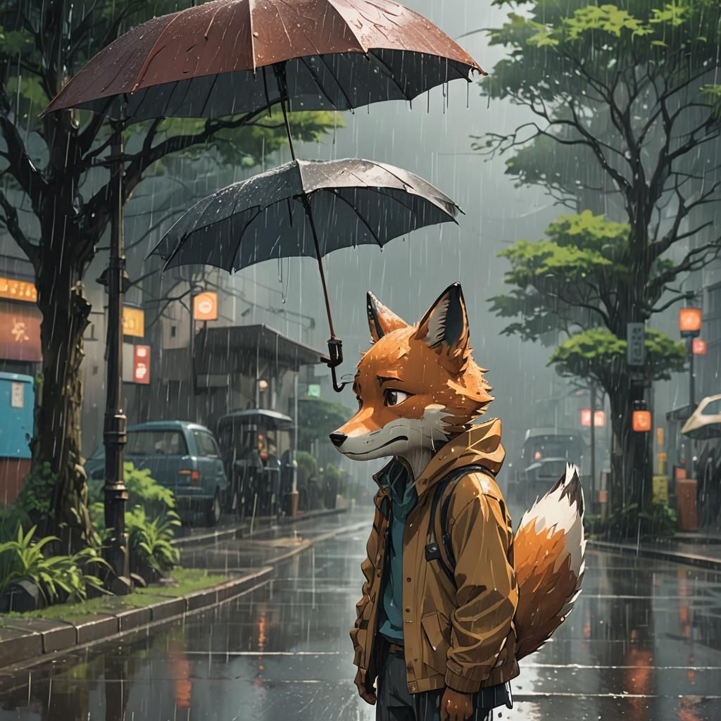 Crying Fox-Boy in Rain: Ghibli-esque Anime Art
