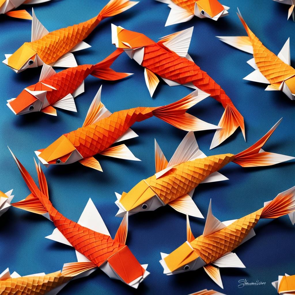 Origami Koi Dance: Art Nouveau Digital Art