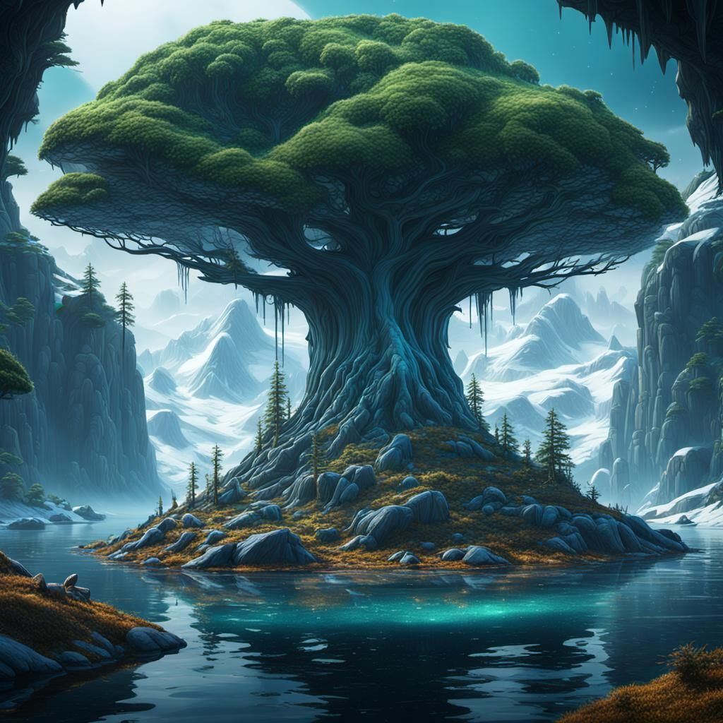 Mystical Antarctica Forest Island in Detailed Matte Painting