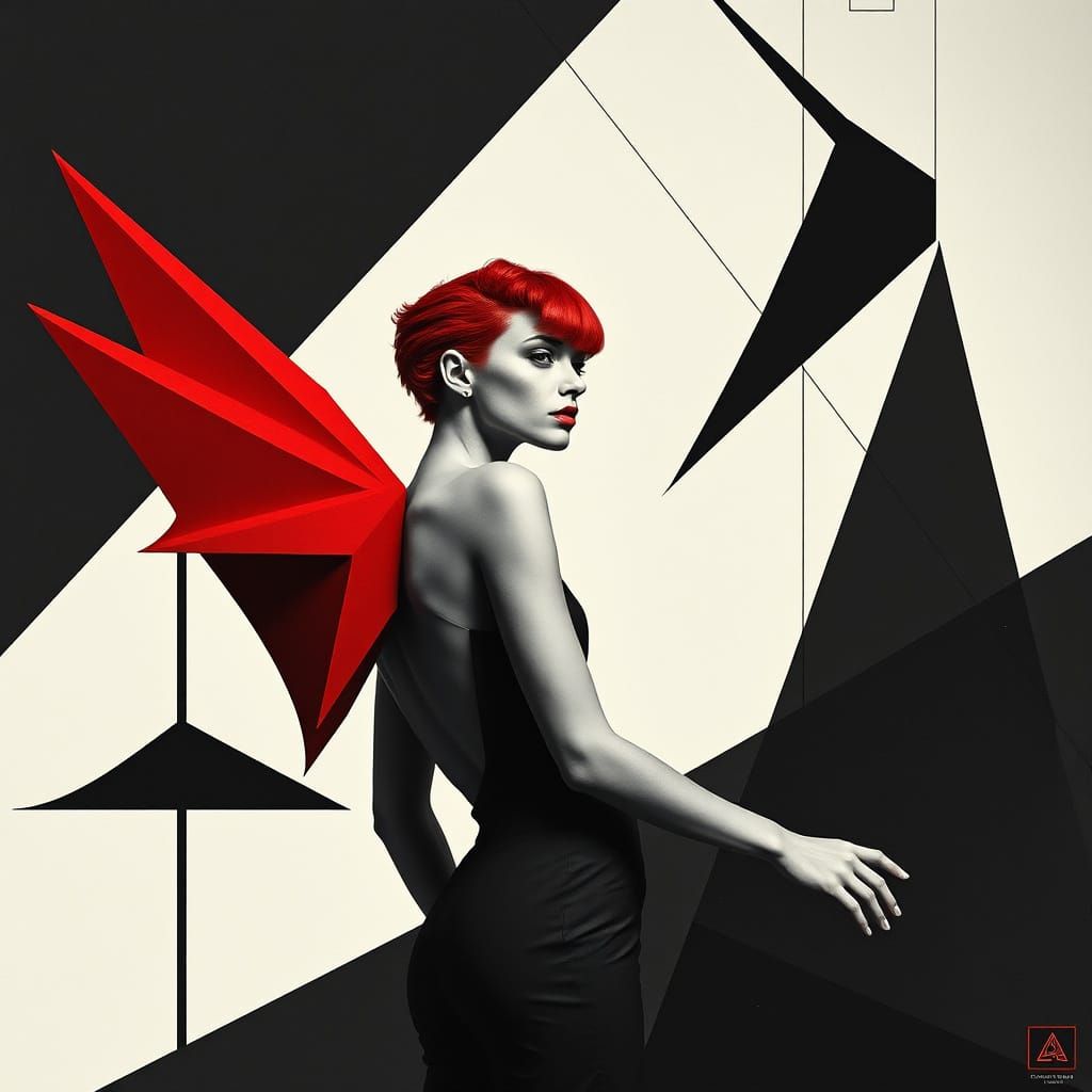 Avant-Garde Fashion Model in Geometric Black and White Compo...
