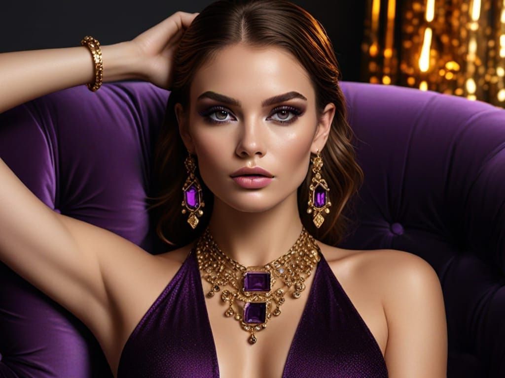 Woman in Purple Latex Bikini with Gold Jewelry