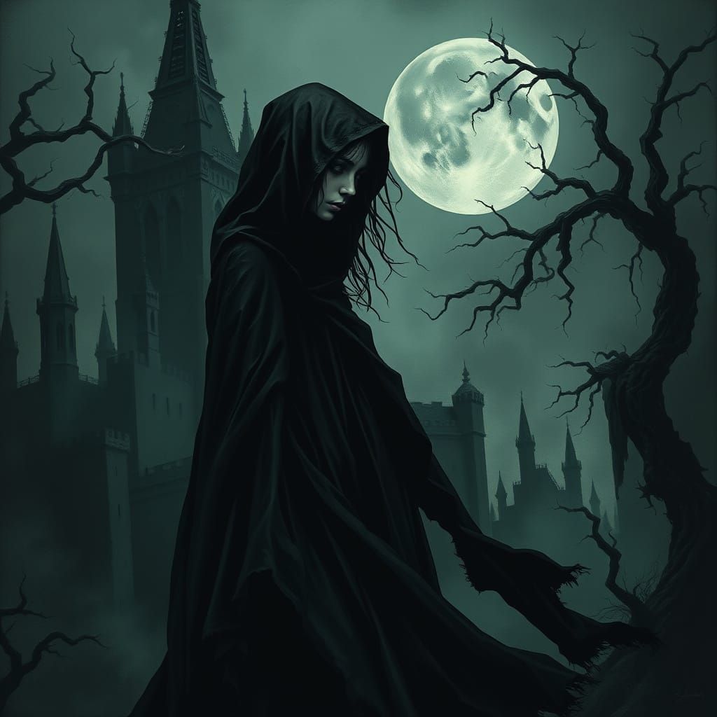 A Weary Figure in Dark, Gothic Beauty