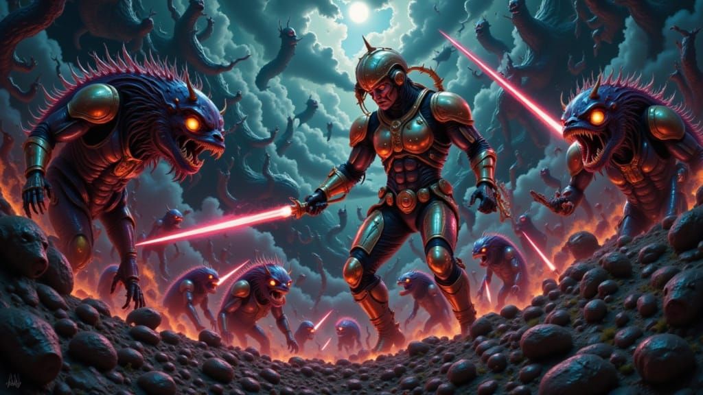 Space Templars vs Werewolf Creatures in Dark Fantasy Style