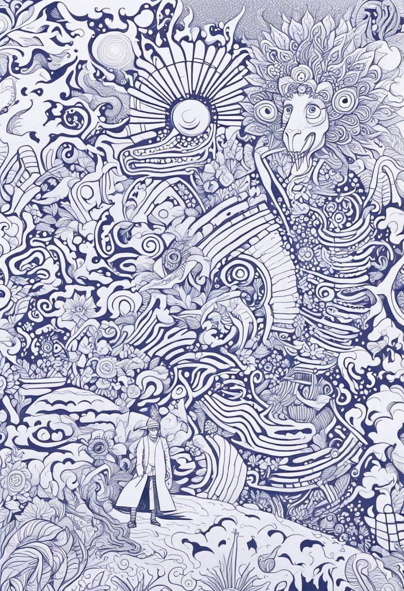 Monochrome Doodle Art with Lizard and Sun