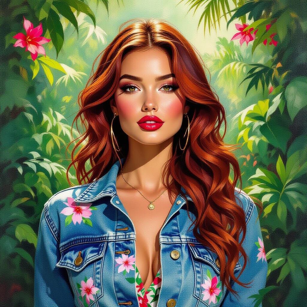 Woman in Jungle Print Denim, Impressionist Oil Painting