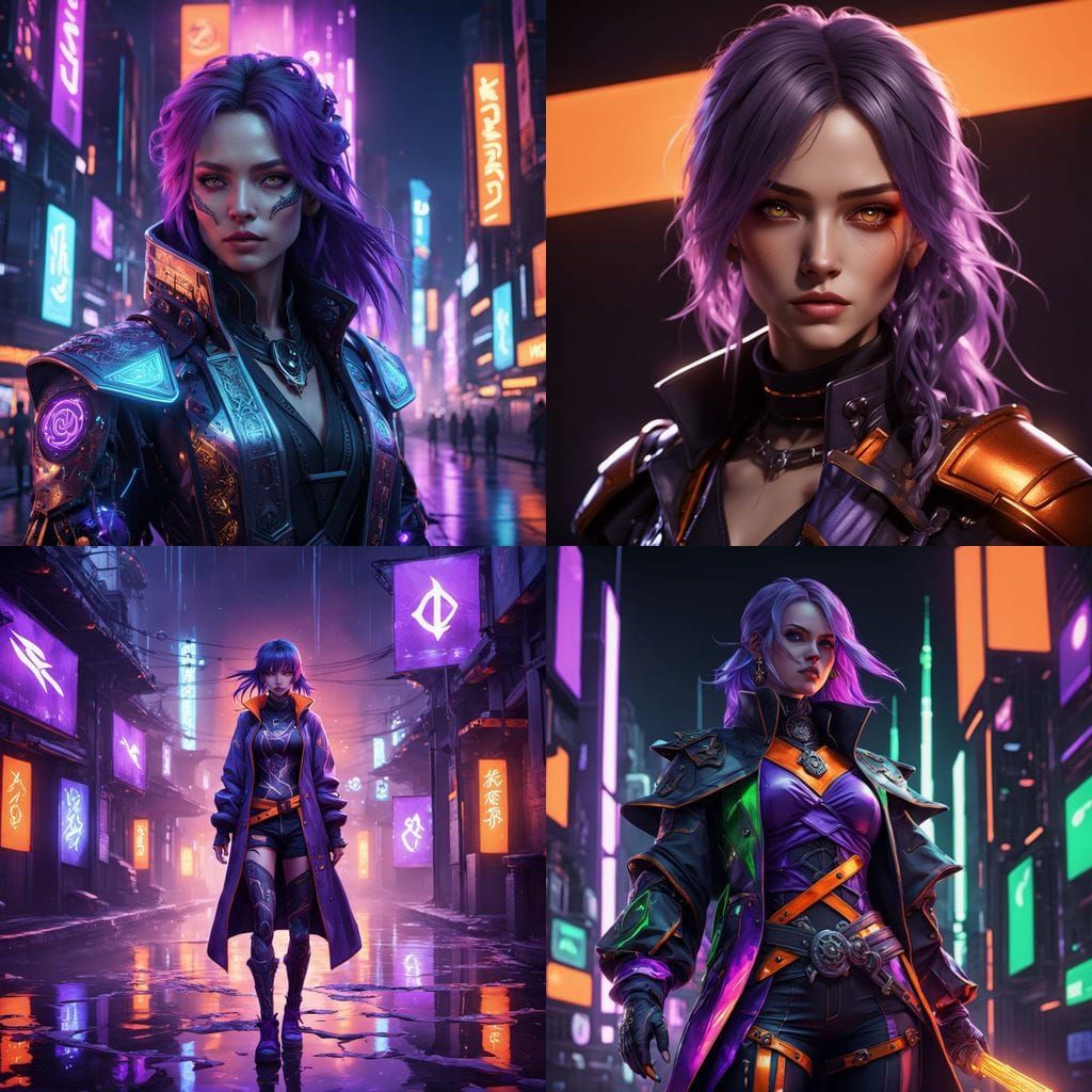 Cyberpunk Sorceress Pirate in Vibrant Purple and Orange Atti...