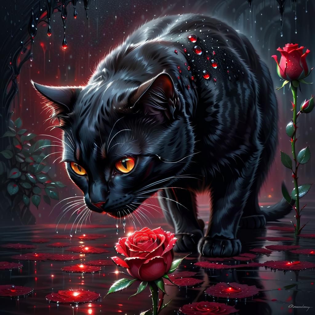 Black Cat Sniffs Dew-Kissed Rose in Fantasy Painting