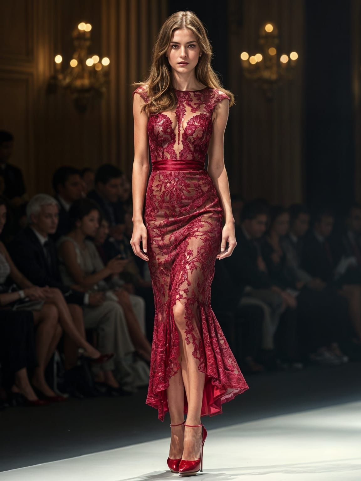European Model Posing in Burgundy Dress at Fashion Show