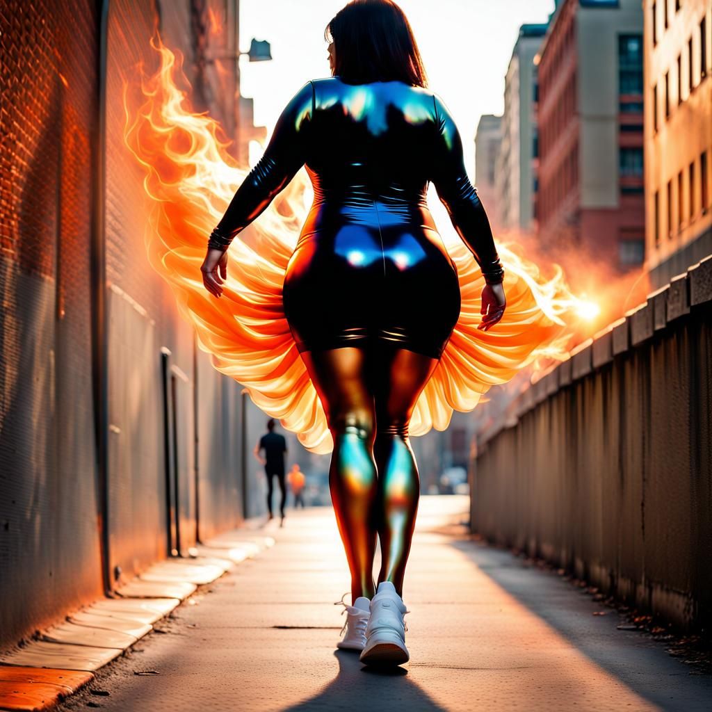 Woman in Iridescent Dress with Orange Aura