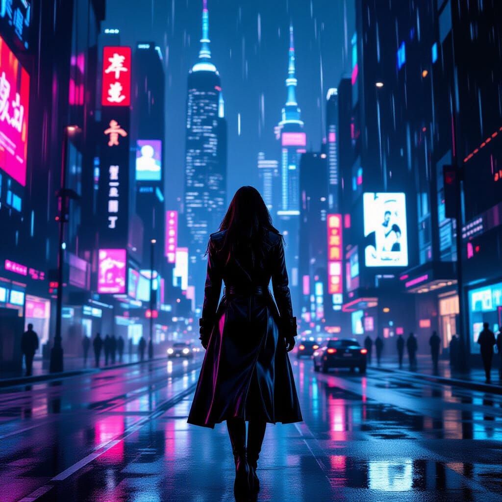 Cyberpunk Woman in Rainy Neon Cityscape