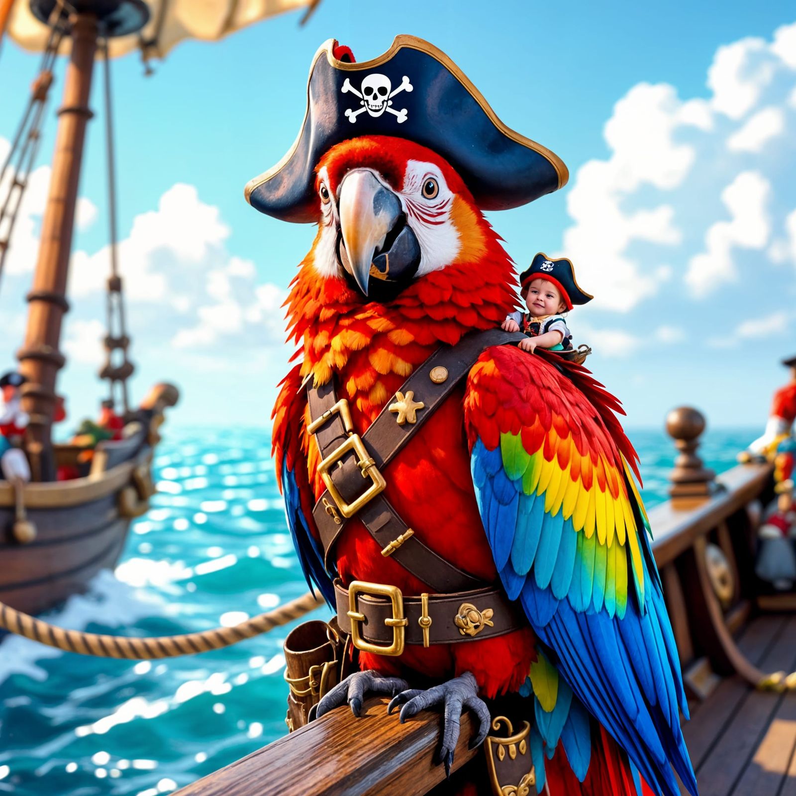 Pirate Macaw on a Galleon with Tiny Human