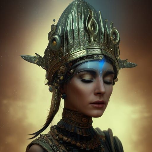 Oracle Priestess with Titanium Headdress in Cinematic Style