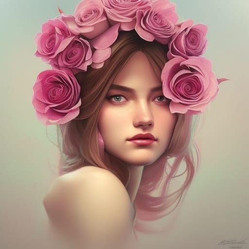 Detailed Pink Rose Portrait in Art Nouveau Style