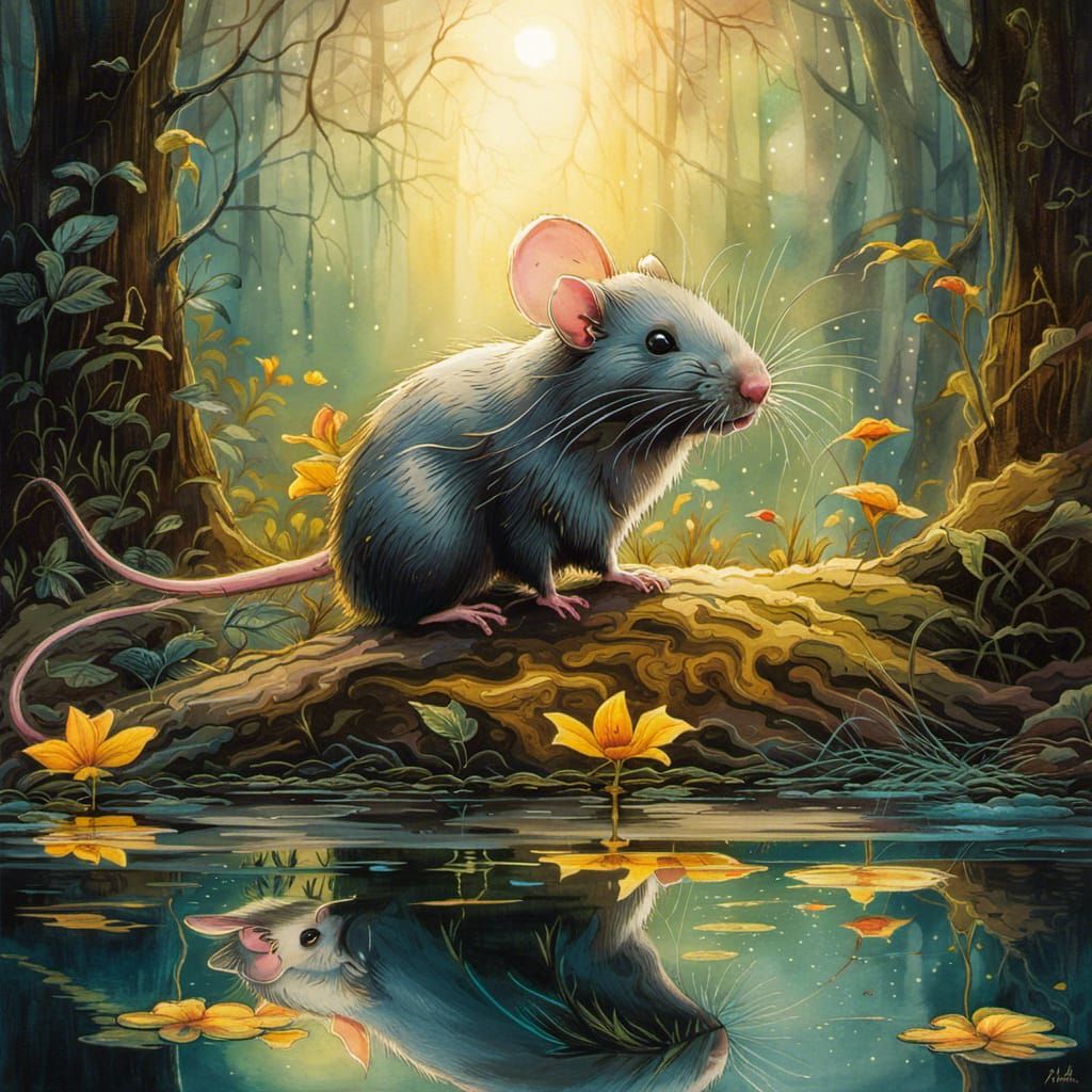 Princess Rat Reflects in a Watercolor Forest
