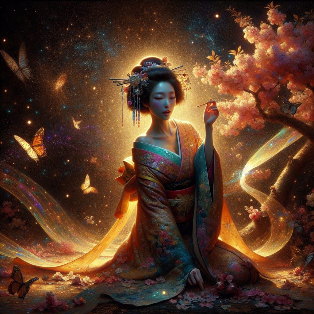 Ethereal Geisha in Bioluminescent Starry Scene