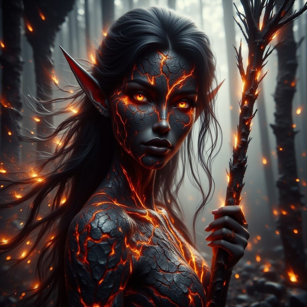 Wildfire Druid Elf with Ash Staff Blooming Flames