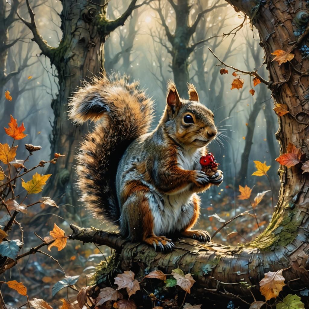 Squirrel in Enchanted Forest, Arthur Rackham Style