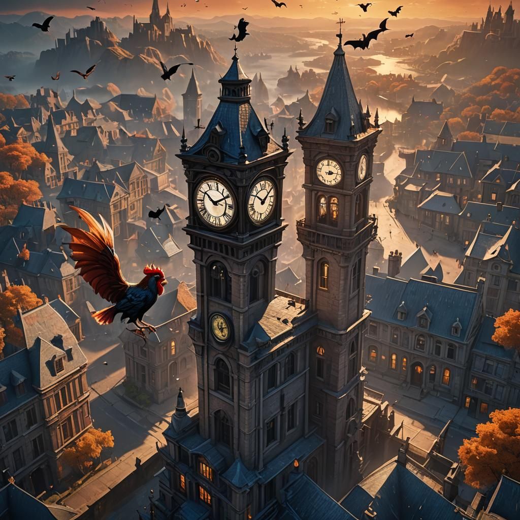 Ghost and Bat at Clock Tower Sunrise: Fantasy Art