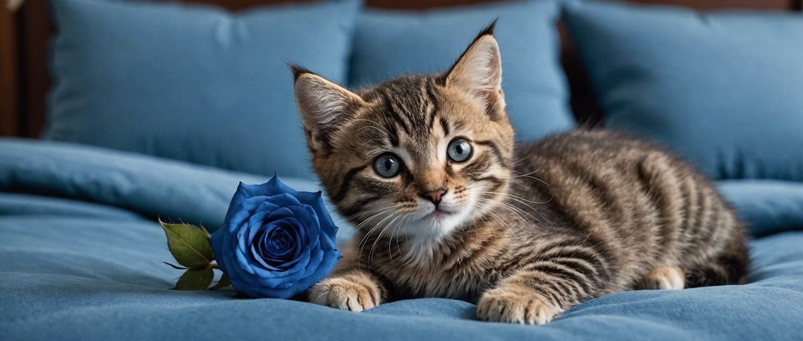 Playful Kitten with Blue Rose on Blue Bed